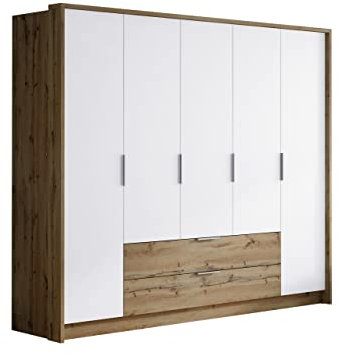 Drehtürenschrank Wesori, Kleiderschrank mit 2 Schubladen, Fächer und Kleiderstangen, Elegantes Garderoben für Schlafzimmer, Schrank (Eiche Wotan/Eiche Wotan + Weiß)