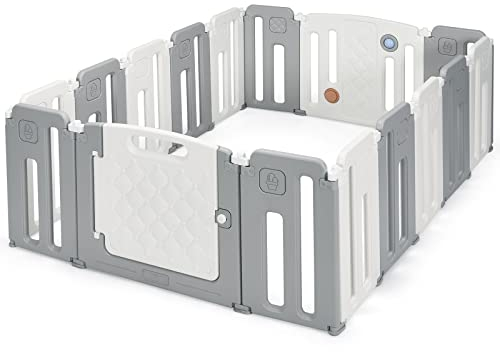 COSTWAY Faltbares Laufstall, Baby-Laufgitter mit Tür, Spielpaneel & Sicherheitsschloss, Absperrgitter mit Whiteboard, Kugel & Soundknopf, für Babys & Kinder von 6-36 Monaten, Beige (14+2 Paneelen)