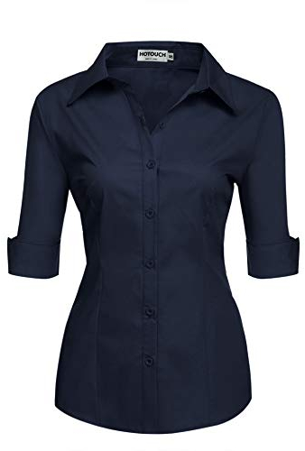 Hotouch Bluse Damen Elegant 3/4 Ärmln Blusen V-Ausschnitt Slim Fit Hemdbluse Geknöpfte Tunika Hemd Baumwolle Frauen Shirt Sommer Navyblau L