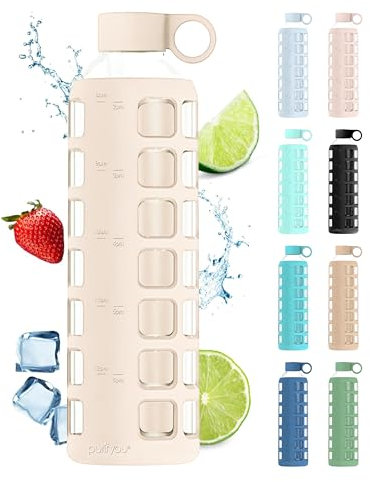 purifyou Glass Water Bottles with Volume and Drinking Time, Extra Thick Silicone Sleeve Reusable for Refrigerator, Water, Milk, Juice (950ml, Pearl Ivory)