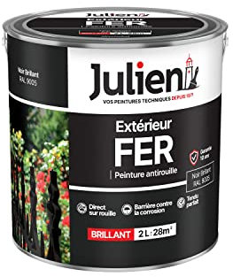 Julien Peinture Fer Anti-Rouille Brillant - Portes, grilles, portails, mobilier de jardin en métal - Noir Brillant 2 L
