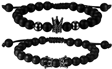 Flongo Paar Armband Krone King & Queen Zirkonia Perlenarmband Kugelarmband Pärchen Armbänder Partnerarmbänder Freundschaftarmband Valentinstag Lieben Geschenk für Herren Damen Schwarz
