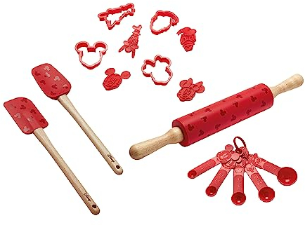 Prestige Juego de utensilios de cocina Disney Bake with Mickey Mouse con juego de cucharas medidoras, juego de 2 espátulas de silicona, rodillo de silicona y cortador de galletas, juego de 4