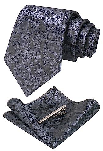 JEMYGINS dunkelgrau 2 krawatte Paisley Seide Herren Krawatten und Einstecktuch mit krawattenklammer Sets
