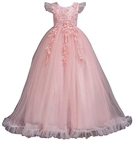 Valin Robe Princesse Rose Sans Manche pour Filles - Robe de Bal Tulle et Dentelle pour Soirée de Mariage - Enfants 7-8 Ans, V833