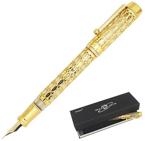 Gullor Openwork Gold Fountain Pen with Gift Box, Screw Cap, Transparent Barrel, Fine Nib