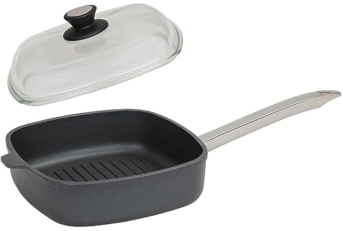 SKK große 2-tlg. Guss Grillpfanne 26x26 cm - Induktion - viereckige Antihaft Steakpfanne mit gerippten Boden & Vollglas Deckel - Made in Germany