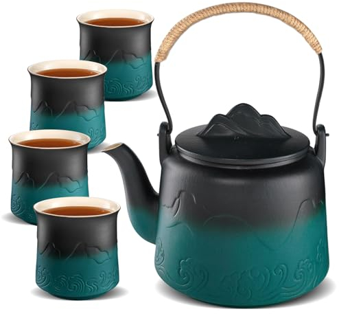 ZENS Japanisches Tee-Set, japanische Teekanne mit Farbverlauf, geprägte Keramik, mit 4 Teetassen, Hanfseilgriff, 958 ml, lose Teekanne mit integriertem Sieb für Teegeschenke, Schwarz und Grün