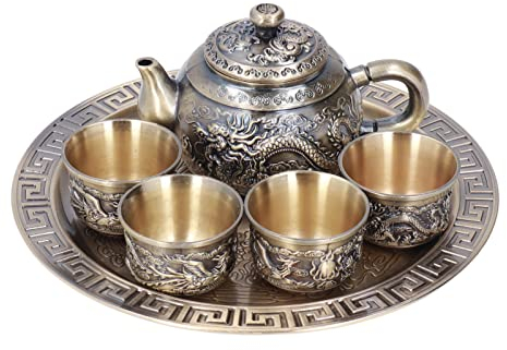 Mrisata Juego de té marroquí Tetera Vintage Exquisito Metal Lujoso Patrón en Relieve Juego de té marroquí con Tazas y Plato para Decoración de Mesa Regalo