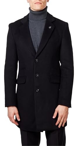 Xposed NATE - Menâ€™s Long Overcoat Wool Blend Classic Tailored Fit 3/4 Mid Length Coat Jacket [COAT-NATE-BLACK-44UK]