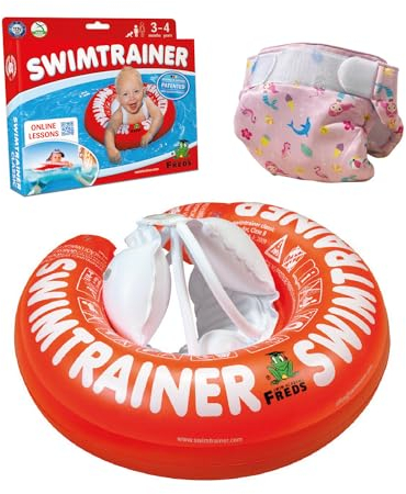 FREDS SWIM ACADEMY SWIMTRAINER Set Classic Rot & Nappy Pink in Größe 1, aufblasbare Schwimmhilfe für Kinder von 3 Monaten bis 4 Jahren mit Schwimmwindel