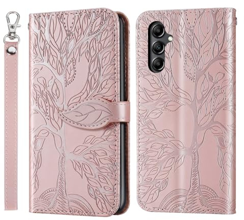 Rostsant Handyhülle für Samsung Galaxy A15 4G/5G - Geprägter Baum PU Leder Flip Case Brieftasche Tasche Hülle - Rosengold