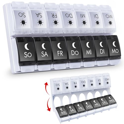 MERICARGO Pillendose 7 Tage 2 Fächer, Tablettenbox 7 Tage Morgens Abends 14 Fächer, Druckknopf Tägliches Pillenbox für Vitamine, Fischöl, Ergänzungsmittel