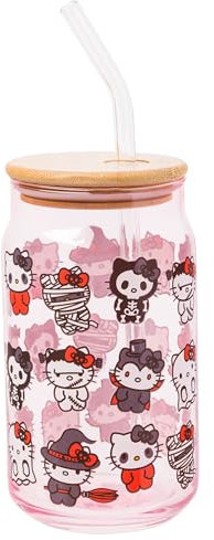 Silver Buffalo Sanrio Hello Kitty and Friends Halloween Spooky Costumes Ghost Witch Vampire Zombie Frankenstein Skeleton Pink Glass Jar Tumbler with Bamboo Lid and Glass Straw, 16 Ounces