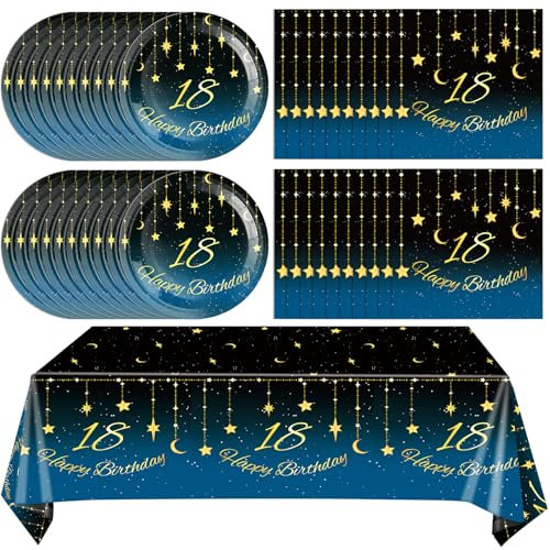 18th Birthday Party Decorations, 41Pcs Starry Sky Party Tableware Set Includes 20 Plate 20 Napkins and 1 Tablecloth, 18 Years Old Birthday Theme Party Supplies for Boys Girls Birthday Party Favors