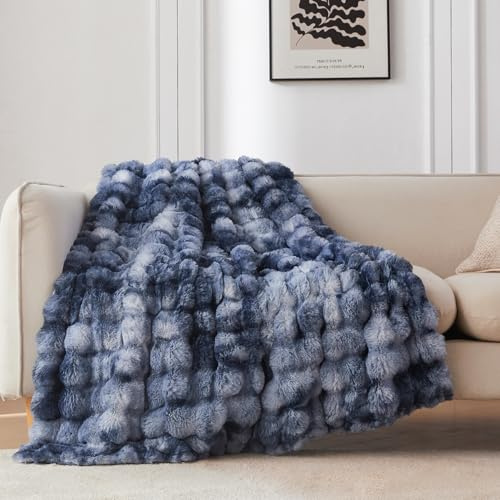 COOVA Kunstfell-Überwurfdecke für Couch, gemütlich, weich und flauschig, Plüsch-Kaninchenfell, Blasen-Decke für Sofa, Schlafzimmer, Wohnzimmer, 127,7 x 152,4 cm, Batikfärbung, Hellblau