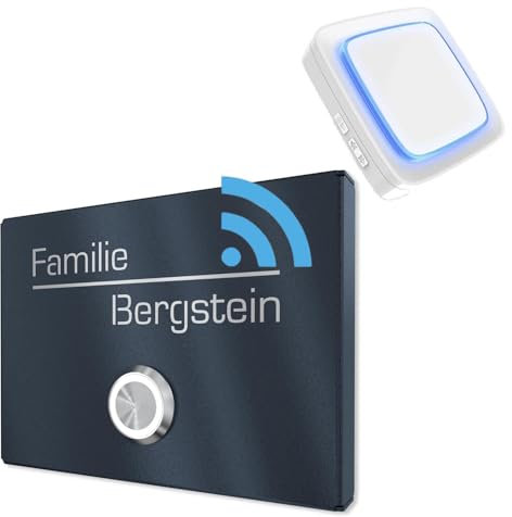 Placa de timbre de acero inoxidable V2A con grabado de Graviers Design – 160 x 120 mm recubierto de polvo en RAL 7016 timbre inalámbrico – pulsador LED – timbre inalámbrico – fabricado en Alemania