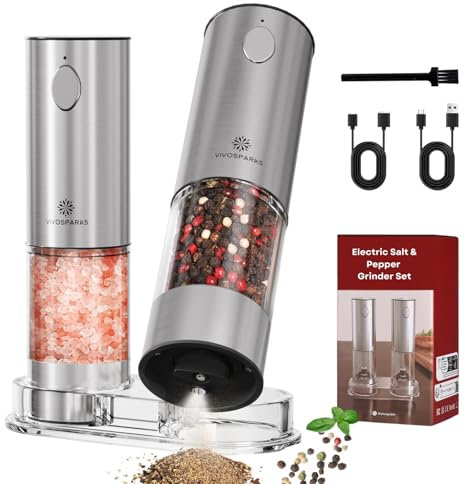 Rechargeable Salt and Pepper Grinder Set - Silver (2-pack), One-Hand Control, USB, Automatic Mills, LED Light, Adjustable, home/Professional Use