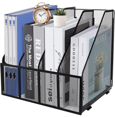 HMXLJJY Porte-revues en maille métallique A4, porte-documents de bureau, 4 compartiments, noir