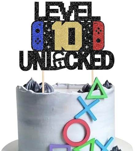 SYKYCTCY 1 Pack 10 Video Game Cake Topper Glitter Level Unlocked 10th Birthday Cake Pick Game On Controllers Cake Decoration for Gaming Theme Boys Girls 10th Birthday Anniversary Party Decorations