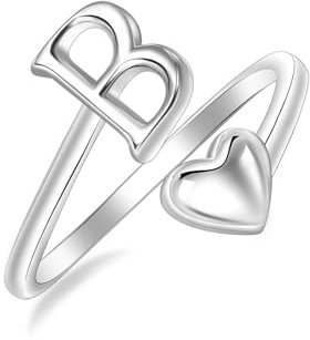 SILBERTALE 925 Sterling Silber Herz Ring mit Buchstaben Verstellbarer Größe 50 bis 58 Initiale A-Z Buchstabering individuellen Modeschmuck mit Geschenkbox