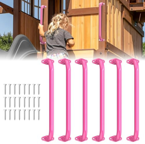 17.3 Inch Safety Playground Handles Metal Kids Indoor Outdoor Climbing Monkey Bars Swing Set Accessories Grab Handle Playset Hand Grips for Playhouse, Treehouse, Jungle Gym (Pink, 6 Pack)