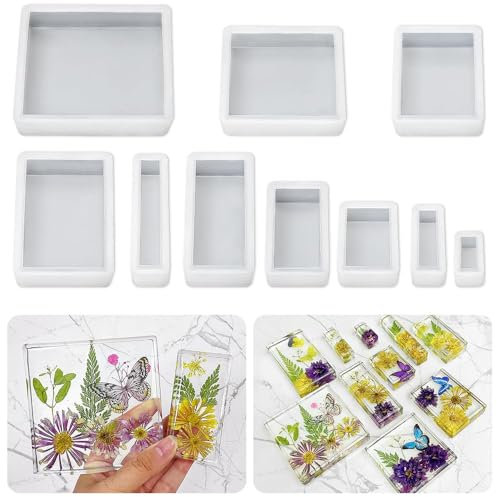 10 Stück Rechteckige und Quadratische Silikonformen Set für Epoxidharz DIY, Würfel Formen Silikon für Resin, Ideal für Blumen Konservierung, Schmuckherstellung, Seife, Tablett und Insektenspezimen