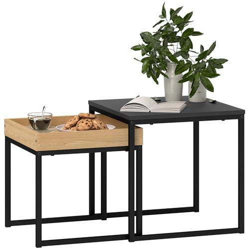 HOMCOM Set 2 Tavolini da Caffè Moderni con Gambe a U, Tavolini da Salotto in Legno e Acciaio, 45x45x45 cm e 40x40x40 cm, Nero