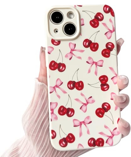 NITITOP Compatible with iPhone 15 Case Cute Cherry Bowknot Ribbon for Women Girls Bow Design Cutely Shockproof Soft Girly Slim Soft TPU Fashion Protective Phone Cover - White