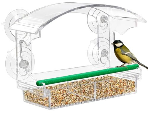 Window Bird Feeder, Acrylic Bird Feeders with 4 Strong Suction Cups, Removable Seed Feeder with Drainage Holes, Watching Feeder Gardening Gifts for Small Wild Birds Garden