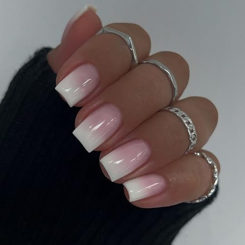 Ceboic 24Pcs Court Carré Faux Ongles Autocollants, Rose Blanc Dégradé Français Ongles à Coller Naturel Glossy Press on Nails, Brillant Réutilisables Acrylique Ongles pour Femmes et Filles