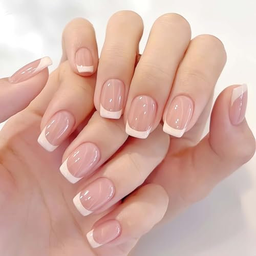 French False Nails Short，Classic French Fake Nails - White Tip & Pink Square Pattern, Fashionable Fake 24Pcs