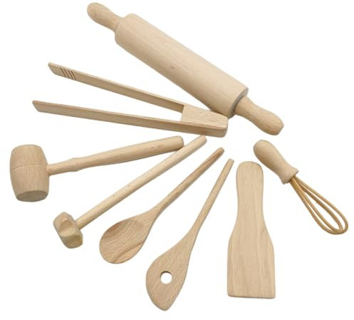 Kitchen Baking Tool Set, 8 Pieces Wooden Kitchen Utensils Kids Play Toys - Rolling Pin Meat Hammer Whisk Toast Tongs Spatula Spoons Pie Masher, Children's Playhouse Cooking Supplies For Boys Girls
