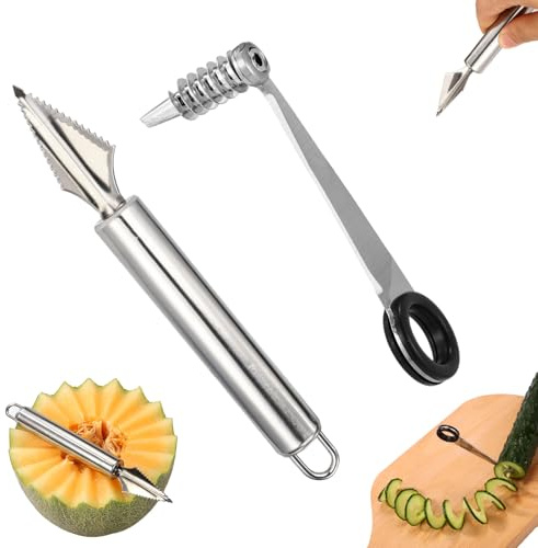 Couteau Spirale Légumes et Couteau Sculpture Fruits Ensemble, Coupe Spirale en Outil Sculpture Fruits en V pour Trancher Pommes de Terre ou Graver Melon Ustensiles de Cuisine Créatifs