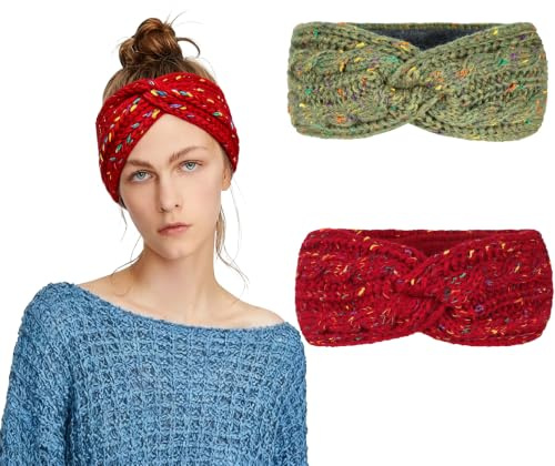 B-HOT Warm Knitted Headband 2 Pack Winter Thick Red/Green | Fleece Ear Warmers Ladies Elastic Crochet Head Wrap for Skiing Running