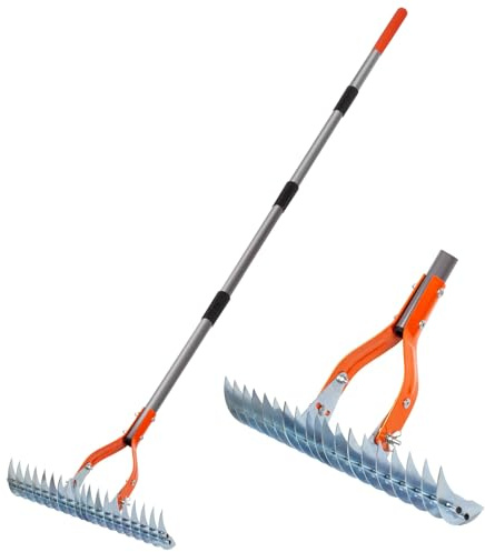 170cm Lawn Thatch Rake – Heavy Duty 19 Stainless Steel Spring Tines Scarifier & Dethatcher, Adjustable Garden Rake for Moss, Thatch, Dead Grass Removal & Leaf Gathering