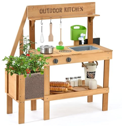 PETKABOO Mud Kitchen for Kids Outdoor, Wood Play Kitchen with Planter Box, Toddler Sink, Faucet, Blackboard, Water Cup and Accessories