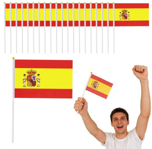 AEKZOX 20 Piezas Bandera de España Pequeña, Banderas de España de Mano con Palo de 30cm, Bandera Española con Escudo para Copa del Mundo, Eventos Deportivos, Desfile, Día Nacional, Fiesta