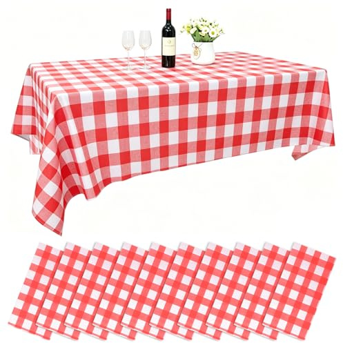 AKOLAFE 10 Stück Tischdecke Rot Weiß Kariert 137x274 cm Party Tischdecke Abwaschbar Tischdecke Plastik Rechteckig Tischdecken Outdoor Rot Weiß Tischdecken Geburtstag Wasserdicht für Party Picknick Wei