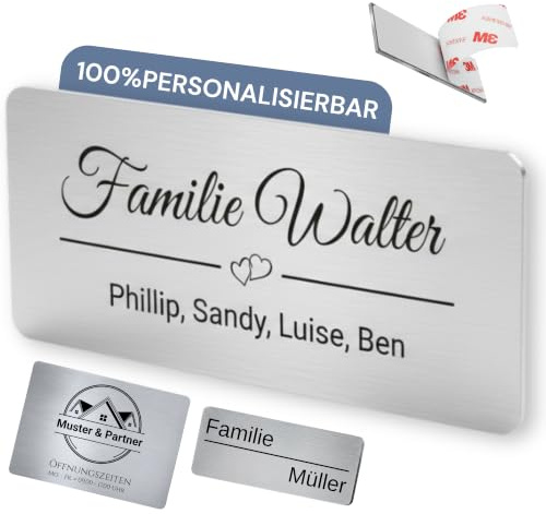 SMARTEON Personalisierte Namensschilder für Briefkasten aus Edelstahl, Klingelschild & Haustür, selbstklebendes Türschild mit Gravur, wetterfestes Briefkastenschild, Namensschild Klingel (60 x 20)