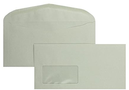 1000 Stück, Farbige Kuvertierhüllen, DIN C6/5, Nassklebung, Geschwungene Klappe, 75 g/qm Recycling, Mit Fenster, Grau, Blanke Briefhüllen