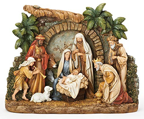 Joseph's Studio by Roman - Krippenfigur mit Fassade, Weihnachtsszene mit Heiliger Familie, Drei Könige, Schäferhund und Scheunentiere, 26,0 cm H, Harz und Stein, dekorativ