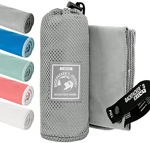 Backpacker's Journey Mikrofaser Handtücher in S M L XL. Reisehandtuch Sets leicht, schnelltrocknend, saugfähig und antibakteriell (grau XL&M)