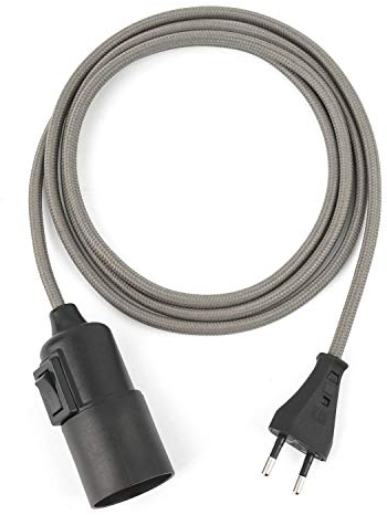 5m Plug-In Lampe GRAU, Textilkabel mit Lampenfassung aus Thermoplast (Glattmantel) mit Schalter und Eurostecker