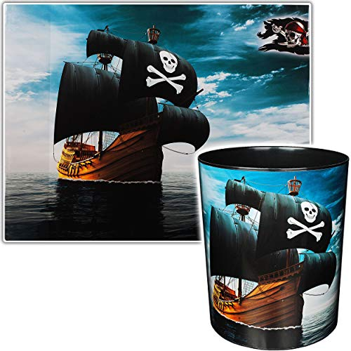 2 TLG. Set Schreibtischunterlage + Papierkorb - Pirat & Piratenschiff - Schreibtischset - Unterlage - 50 cm * 39 cm - abwischbar - Mülleimer Abfalleimer - S..