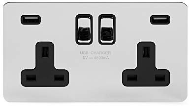 2 Gang Socket with USB, Double Switched Power Wall Plug Socket with USB Ports, Screwless, Chrome, 13A, 4.6A USB| Soho Lighting