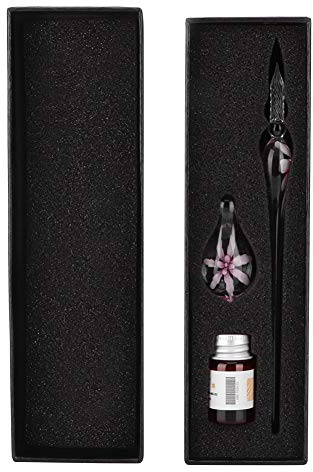 Atyhao Glas Dip Pen, Retro Kristall Elegante Blume Glas Dip Pen Signatur Ink Pen Füllfederhalter mit Ink Penholder(Rosa)