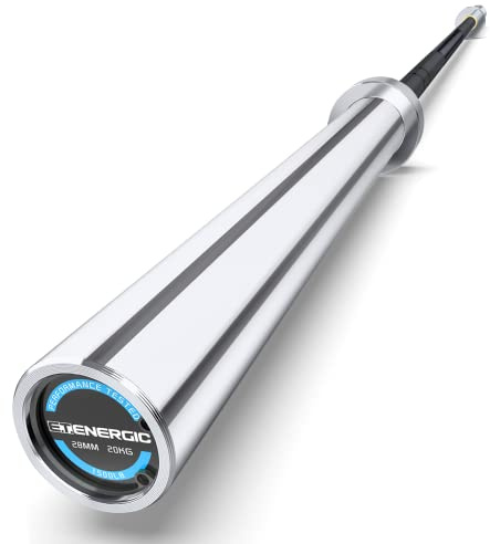 E.T.ENERGIC Olympische Hantelstange, 2,1 m, mit harten Chrom-Hülsen für Training und Powerlifting, 0,7 kg Kapazität, Silber und Schwarz