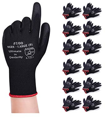 Donfri Lot de 12 paires de gants de travail de jardin, gants d’atelier avec revêtement PU pour le jardin et les gants de travail multifonctions (9/Taille L)