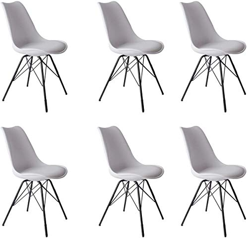 SAM 6er Set Schalenstuhl Lerche, weiß, integriertes Kunstleder-Sitzkissen, Schwarze Metallfüße, Esszimmerstuhl im skandinavischen Stil